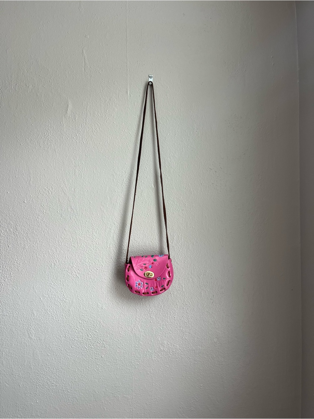 Bright Pink Floral Crossbody Bag with Brown Strap